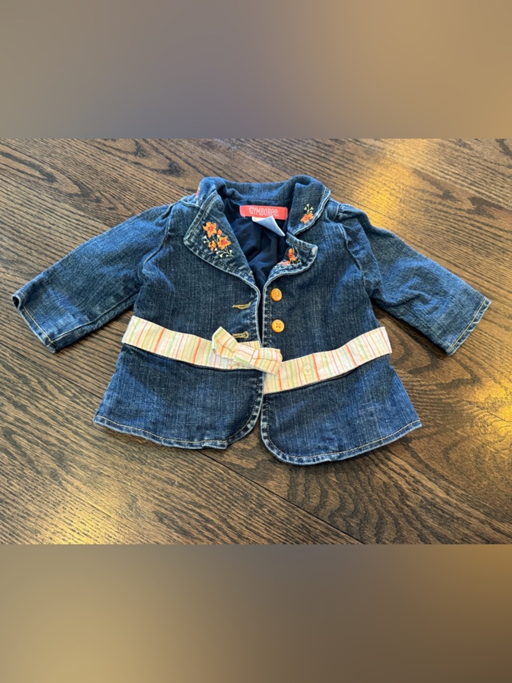 Gymboree Dark Blue Denim Jacket with Embroidered Orange Flowers and Striped Belt